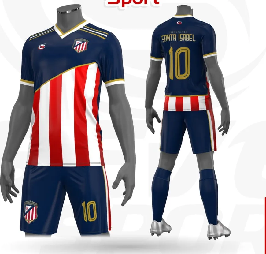 Uniforme personalizado do time Santa Isabel: frente e costas da camisa, com shorts, escudo e numeração.